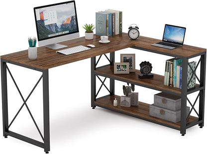 Tribesigns Reversible Industrial L-Shaped Desk with Storage Shelves, Corner Computer Desk PC Laptop Study Table Workstation for Home Office Small Space (Brown, 53")