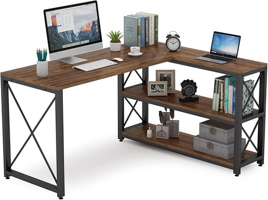 Tribesigns Reversible Industrial L-Shaped Desk with Storage Shelves, Corner Computer Desk PC Laptop Study Table Workstation for Home Office Small Space (Brown, 53")