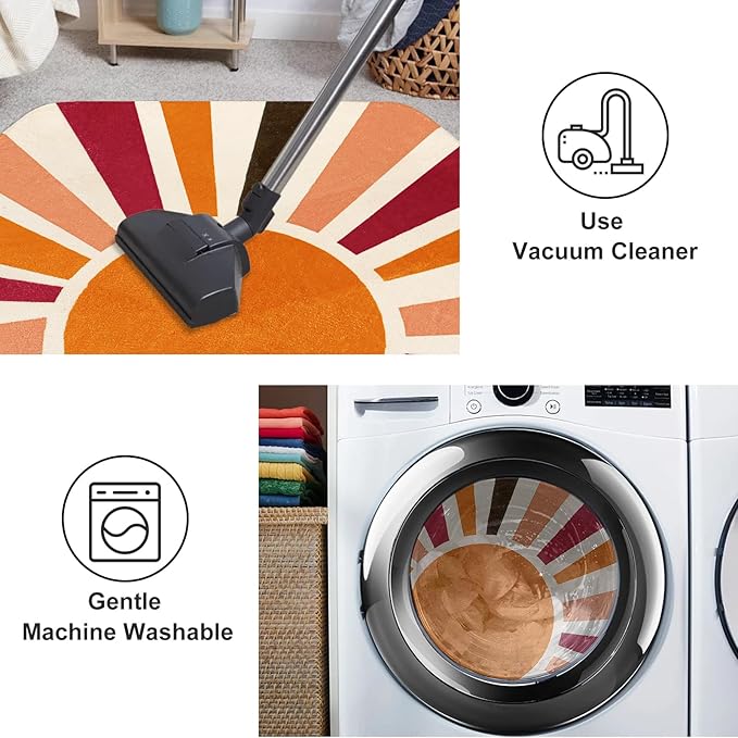 Washable Rainbow Rug for Kids Room Playroom, 4'x 4'7" Boho Sun Kids Rug for Girls Boys, Non-Slip Orange Carpet Small Play Rug for Tent Reading Corner Dorm Entryway