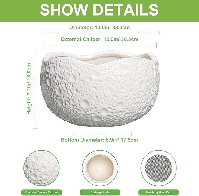 Large Bonsai Pots - 13 Inch Ceramic Planter for Indoor Outdoor, Round Plant Pot, Decorative Flower Pots with Drainage Hole, Modern Unique Planters, Garden Decor Home, Garden Gifts, White