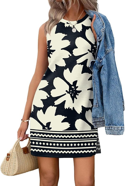 WIHOLL Casual Dresses for Women Crewneck Sleeveless Tank Dress Summer Spring Boho Vacation Clothes