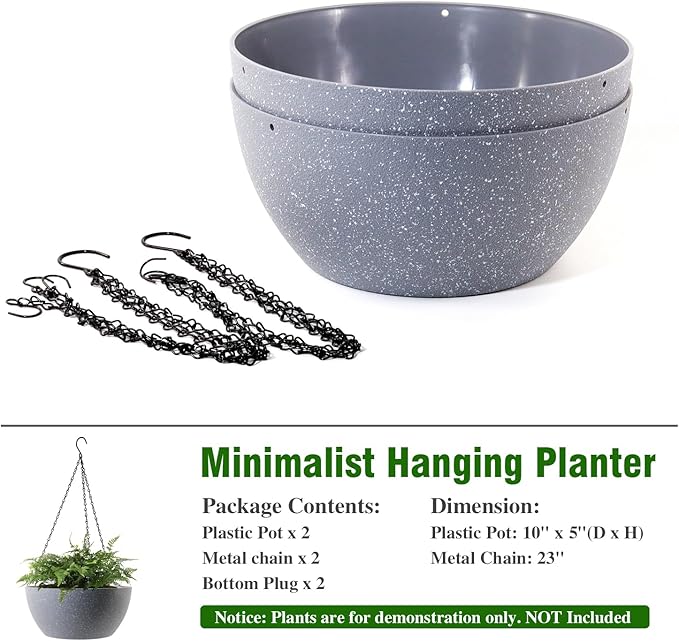 10 inch Hanging Planters for Outdoor Indoor Plants with Drainage Holes and Chain, 2 Pack Round Hanging Flower Plant Pots for Garden Home Porch Decor, Speckled Grey