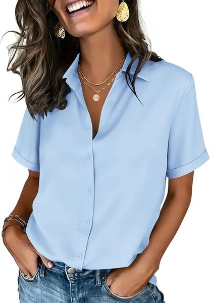 Zeagoo Button Down Shirts for Women Short Sleeve Collared Tops Dressy Casual V Neck Blouses