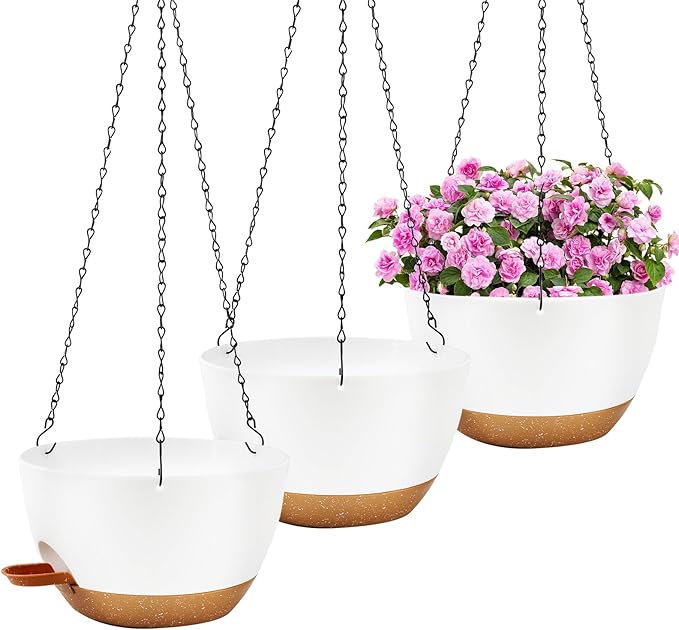 10 inch Hanging Planters for Indoor Plants, 3 Pack Self-Watering Hanging Planter Pots with Chain and Drainage Holes, Outdoor Hanging Baskets for Garden Home Decor (White With Brown, 3pcs/10inch)