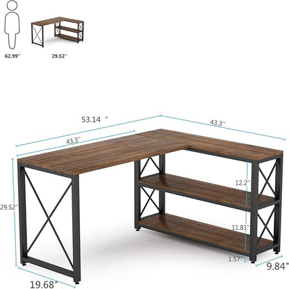 Tribesigns Reversible Industrial L-Shaped Desk with Storage Shelves, Corner Computer Desk PC Laptop Study Table Workstation for Home Office Small Space (Brown, 53")