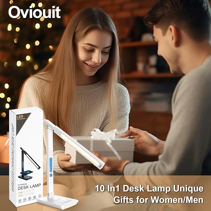 10 in 1 Smart Led Desk Lamp, Desk Table Lamp for Home Office, Eye-Caring Office Lamp with Night Lights, Lamp for Desk with 10W Wireless Charger, Dimmable Touch Lamp for Bedroom Reading Study Work