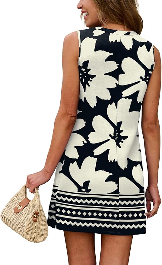 WIHOLL Casual Dresses for Women Crewneck Sleeveless Tank Dress Summer Spring Boho Vacation Clothes