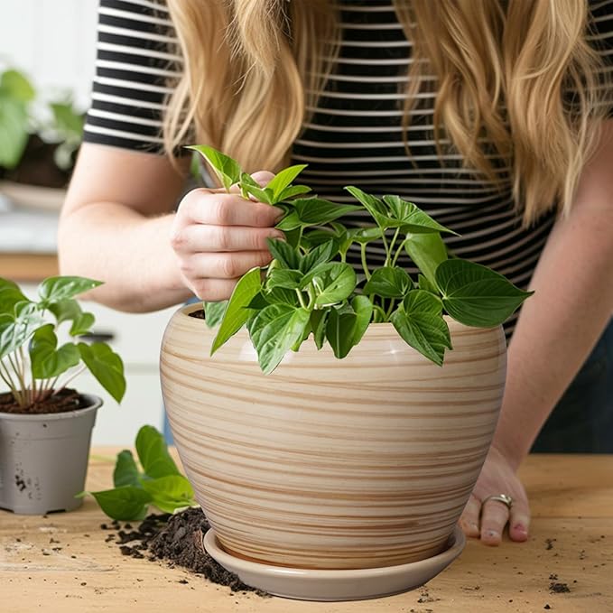 Planter 8 Inch - Indoor/Outdoor Ceramic Plant Pot With Drainage Hole and Saucer, Round Modern Flower Planter for Succulents, House, Patio - Yellow