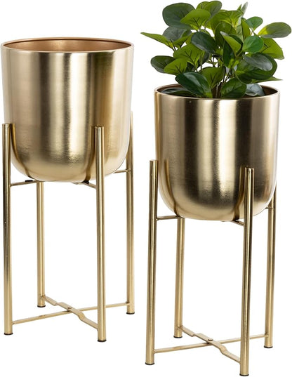 CosmoLiving by Cosmopolitan Metal Indoor Outdoor Planter Dome Large Planter Pot with Removable Stand, Set of 2 Planters 19", 22"H, Gold