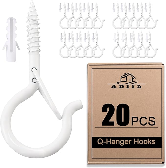 ADIIL 20 PCS Q Hanger Hooks with Safety Buckle, Windproof Screw Hooks for Hanging Outdoor String Lights, Plants, Christmas Patio Lights, 2.2 Inches, White