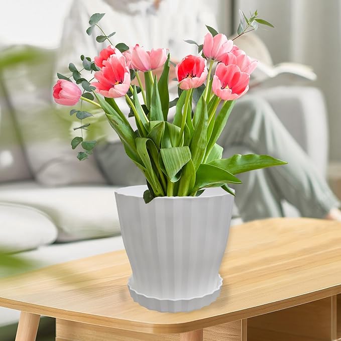 Flower Pots Outdoor Clearance 6 inch Set of 5 Succulent Planters for Indoor Plants Garden Home Holiday, Plastic Nursery Pots for Plants with Drainage Holes and Saucer, Modern Plant Pot White