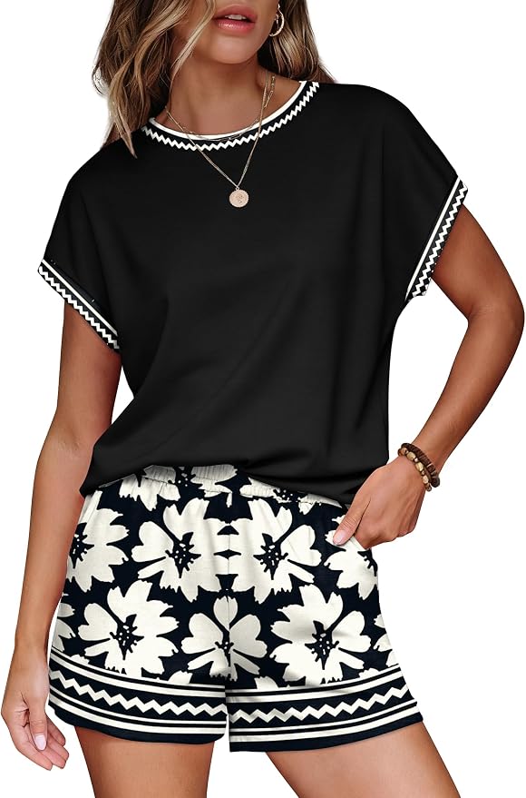 WIHOLL Two Piece Sets for Women Summer Lounge Short Sets Cap Sleeve Crew Neck Sweatsuit with Pocket XS-2XL