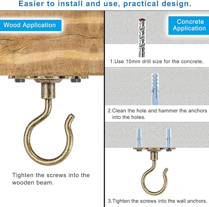 Dolibest Wall Mount Ceiling Hooks,Plant Hooks for Ceiling Metal Plant Bracket Iron Wall Mount Lanterns Hangers Hooks for Hanging Plants Lights, Outdoor Wire, Fairy Lights, Wind Chimes, Bronze(2PCS)