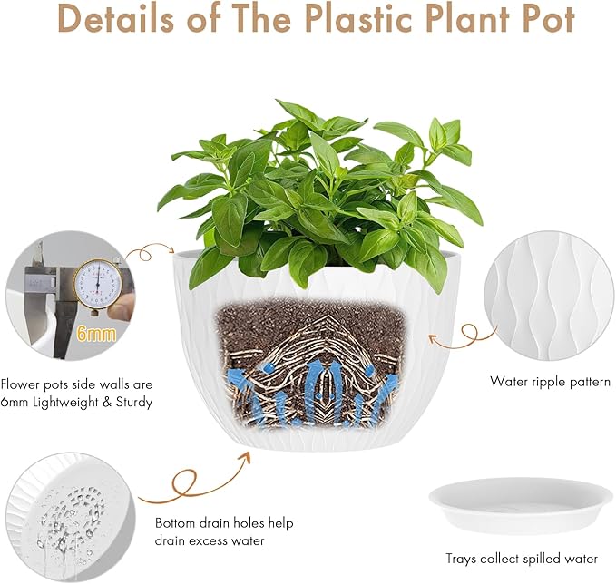 12 Inch Large Plant Pots for Indoor or Outdoor Plants, Wide Water Ripples Flower Pots with Drainage Holes & Saucer, Plastic Planters Set for Garden & Home Decor (White)