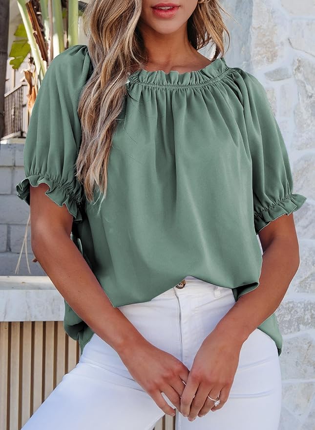 EVALESS Womens Tops Off The Shoulder Blouses for Women Dressy Casual Cute Puff Sleeve T Shirts Fashion 2026