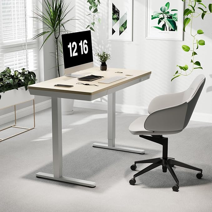 Electric Standing Desk with Drawers, Whole Piece 48 Inches Adjustable Height Desk, Modern Sit Stand Up Desk,Ergonomic Rising Desk for Home Office Workstation, Light Wood
