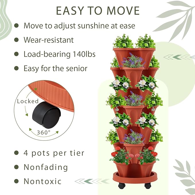 Umigy 2 Set of 7 Tier Vertical Planter Stackable Tower Planters Strawberry Herb Flower and Vegetable Pots Indoor Outdoor Gardening Pots with Removable Wheels and Tools(Brick Red)