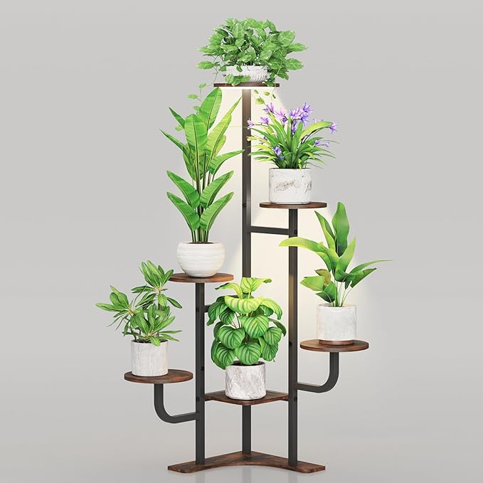 Corner Plant Stand with Grow Light - 6 Tier Plant Stand Indoor Round Metal Plant Shelf with Adjustable Light, Plant Organizer for Living Room, Graden, Home Decor (Brown)
