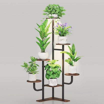 Corner Plant Stand with Grow Light - 6 Tier Plant Stand Indoor Round Metal Plant Shelf with Adjustable Light, Plant Organizer for Living Room, Graden, Home Decor (Brown)