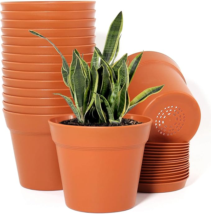 WOUSIWER 16 Pack 6 inch Plastic Planters, Plastic Indoor Planter Flower Pots, Heavy Duty and Stylish 6 Inch Plant Pots for Indoor Plants with Drainage Holes and Tray for Plants, Flowers, Terracotta