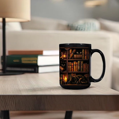Hyturtle Black Cat Bookshelf Coffee Mug 15 Oz, Book Lover Gift for Women | Includes Matching Mini-Book Keychain; Cozy Literary Ceramic For Readers, Librarians And Bookworms On Birthdays Or Christmas