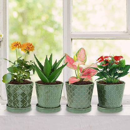 EFISPSS Flower Planter –5 inch Ceramic Plant Pots with Drainage Hole and Ceramic Tray - Gardening Home Desktop Office Windowsill Decoration Gift Set of 4 - Plants NOT Included