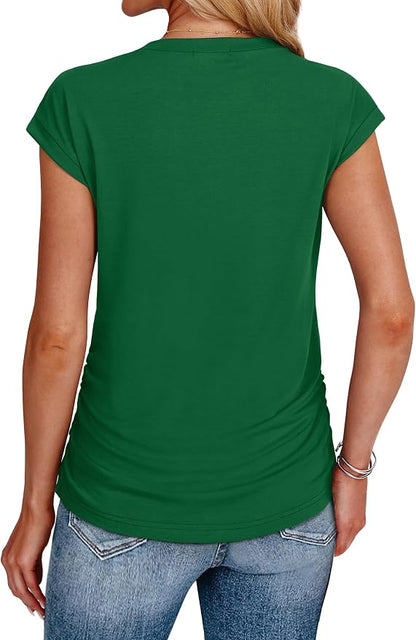 Sampeel Womens Summer Tops Trendy 2026 Ruched Cap Short Sleeve Tshirts Shirts Crew Neck T Shirts Fashion