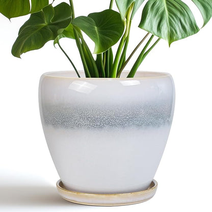 Ceramic Pots for Plants - 8 Inch Planter with Drainage Hole and Saucer, Round Flower Pot for Indoor Outdoor Plants, Decorative Planter, House Patio Decor, Housewarming Gifts, White-Grey