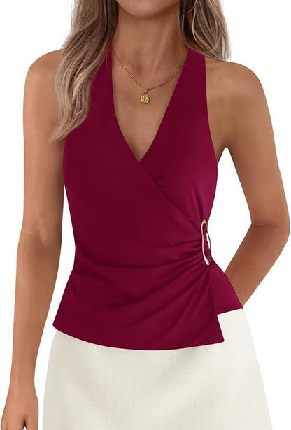 PRETTYGARDEN Womens Halter Top 2026 Spring Tie Wrap Sleeveless Ruched V Neck Fitted Summer Tops Backless Fashion Y2k Clothes