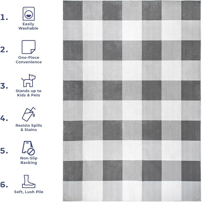 nuLOOM Lucy Machine Washable Farmhouse Buffalo Plaid Ultra Thin Area Rug, 8' Square, Grey