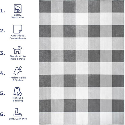 nuLOOM Lucy Machine Washable Farmhouse Buffalo Plaid Ultra Thin Area Rug, 8' Square, Grey