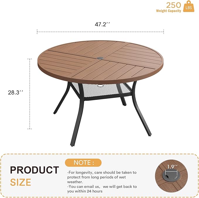 VICLLAX Round Patio Table with Adjustable Umbrella Hole for 6, All Weather Metal Outdoor Dining Table for Lawn Garden, 47.2" Outdoor Coffee Table, Walnut Wood-Like Tabletop