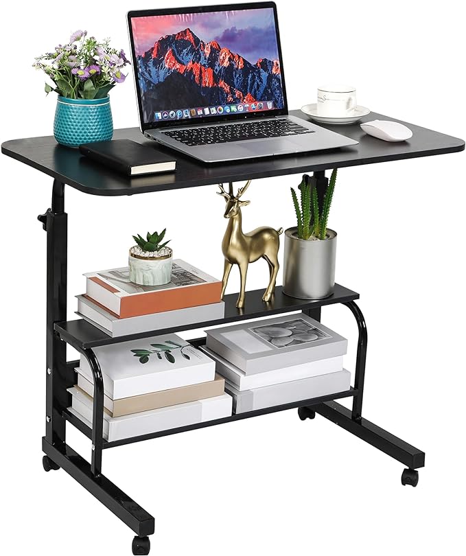 Adjustable Mobile Laptop Desk Portable Detachable Wheels Home Office Desk Height, Bedside Table Additional Storage Rack Small Spaces Veranda Office Desk Size 15.7 * 31.5 Inch Black