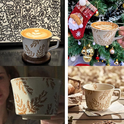 Small Ceramic Mug 1 pc, 11oz - Vintage Coffee Mug, Pottery Cups for Milk, Latte, Cappuccino, Tea - Handmade Porcelain Dishwasher, Microwave Safe Stoneware Gift for Women Men, Brown Leaf