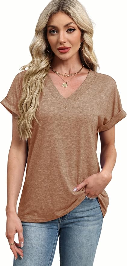 T Shirts Short Sleeve V Neck Tees Womens Tops Beach Vacation Fashion Clothes 2026 Casual Summer Spring Fall Outfits