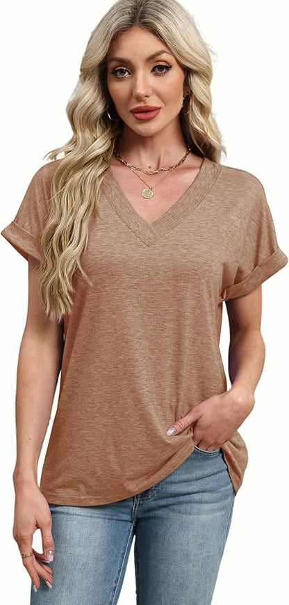 T Shirts Short Sleeve V Neck Tees Womens Tops Beach Vacation Fashion Clothes 2026 Casual Summer Spring Fall Outfits