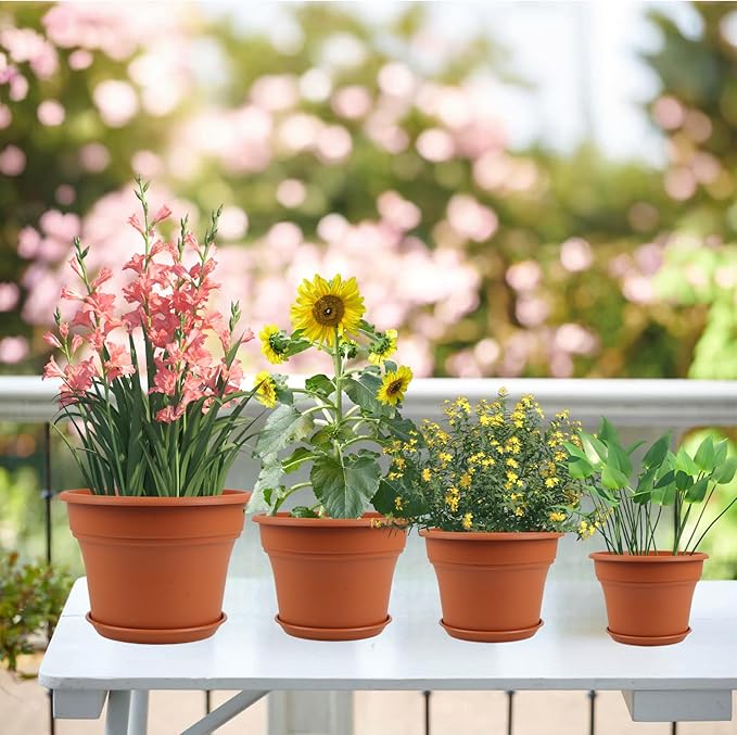 10 Inch Plastic-Flower-Pot-for-Indoor-Plants, 4 Pack Large Outdoor Planter Pot with Drainage Holes & Saucers, Resin Decorative Garden Pots Planters
