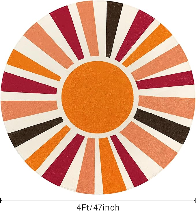Round Washable Rug 4 Ft Small Round Rug for Kids Room, Orange Sun Circle Rug for Playroom, Non-Slip Circular Office Carpet Soft Rainbow Rug for Bedroom Reading Corner Dorm