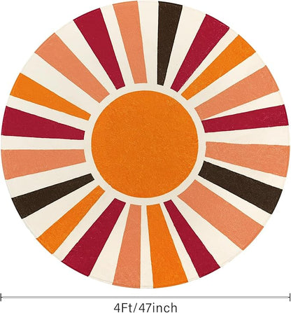 Round Washable Rug 4 Ft Small Round Rug for Kids Room, Orange Sun Circle Rug for Playroom, Non-Slip Circular Office Carpet Soft Rainbow Rug for Bedroom Reading Corner Dorm