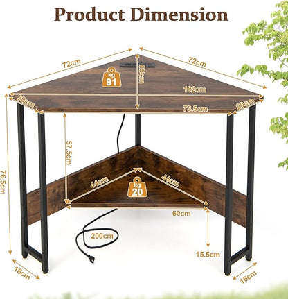 Corner Desk with Charging Station & USB Port, 90-degree Triangle Computer Workstation w/Storage Shelf, Metal Frame, Space-saving Laptop PC Desk for Small Space, Home Office (Rustic Brown)