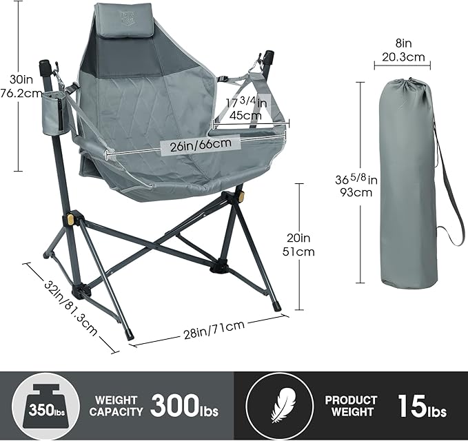 TIMBER RIDGE Hammock Camping Chair with Adjustable Backrest, Heavy Duty Folding Hammock Chair Supports 300lbs, Portable Hammock Chair for Camping, Travelling and Patio, Grey 2 Pack