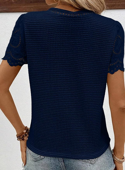 SHEWIN Womens Frenchy Summer Tops Crewneck Short Sleeve T Shirts Casual Waffle Knit Jacquard Blouses Top Shirts