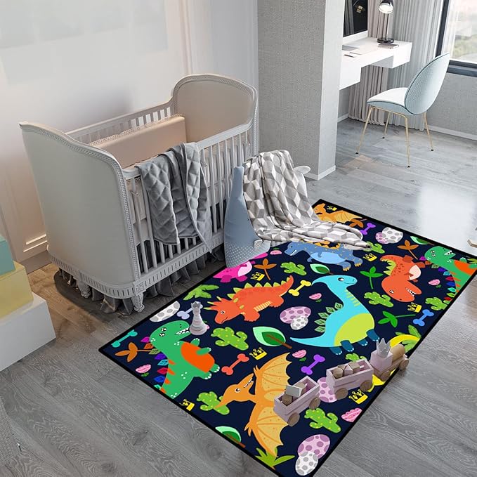Dinosaur Rug for Boys Room Cartoon Dinosaur Area Rugs Kids Rug Dinosaur Rug Kids Play Rug Dinosaur Play Rug for Bedroom and Kidroom Playing Room,Dark Blue 3'×4'