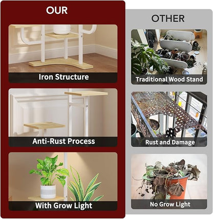 Corner Plant Stand with Grow Light - 6 Tier Plant Stand Indoor Square Metal Plant Shelf with Adjustable Light, Plant Organizer for Living Room, Graden, Home Decor (Maple)