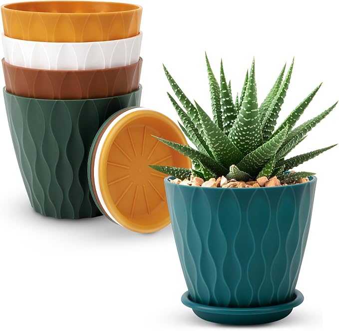 4 inch Plant Pots, 5 Pack Flower Pots Outdoor Indoor, Planters with Drainage Holes and Tray Saucers (Multicolor)