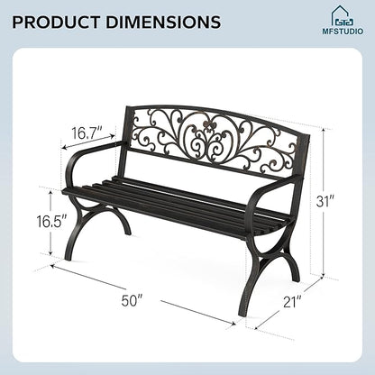 MFSTUDIO 50 Inches Outdoor Garden Bench, Cast Iron Metal Frame Patio Park Bench with Floral Pattern Backrest, Arch Legs for Porch, Lawn, Yard-Bronze