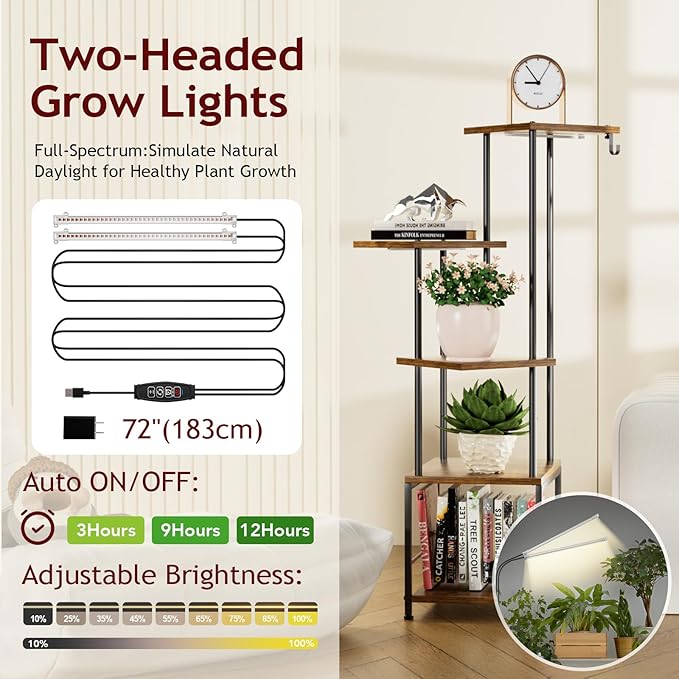 Plant Stand Indoor with Grow Light, 5-Tiered Tall Plant Stand Indoor, Metal Plant Shelf with Hanging Basket Hook and Adjustable Light, Ideal for Living Room, Garden, Patio (Black Brown)