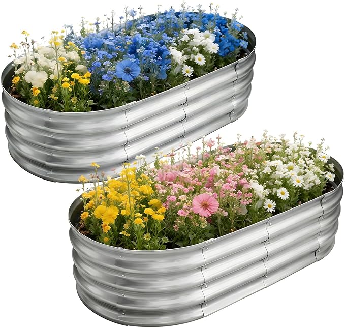TATAANTY Galvanized Raised Garden Bed for Outdoor: 4X2X1ft Durable Metal Vegetable Plant Container Kit - Oval Planter Box for Gardening Flower Trough （2 Pack）