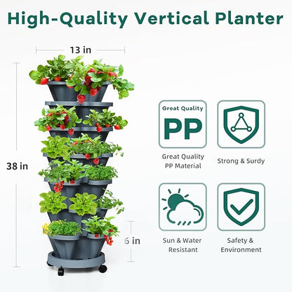 7 Tiered Strawberry Vertical Planters Tower Garden 2 Pack, Stacking Herb Vegetable Planter with Support Pole Indoor and Outdoor - Dark Grey