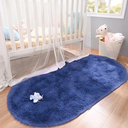 Merelax Soft Shaggy Rug for Kids Bedroom Oval 2.6'x5.3' Light Navy Plush Fluffy Carpet for Living Room, Furry Carpet for Teen Girls Room, Anti-skid Fuzzy Comfy Rug for Nursery Decor Cute Baby Play Mat